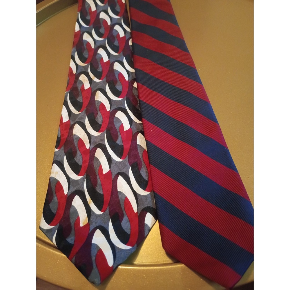 Vintage Mens Tie Lot Ziggurat Mulberry Abstract & Gino Pompeii Striped Red Blue